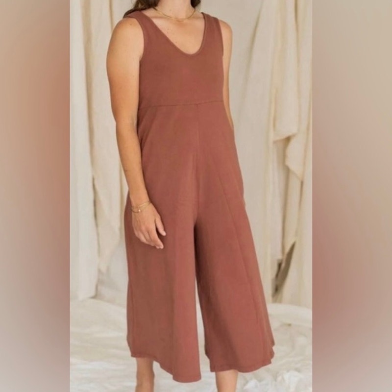 Mien | Studio Plus Size Sepia Organic Cotton Lakeside Wide-Leg Jumpsuit | 3x